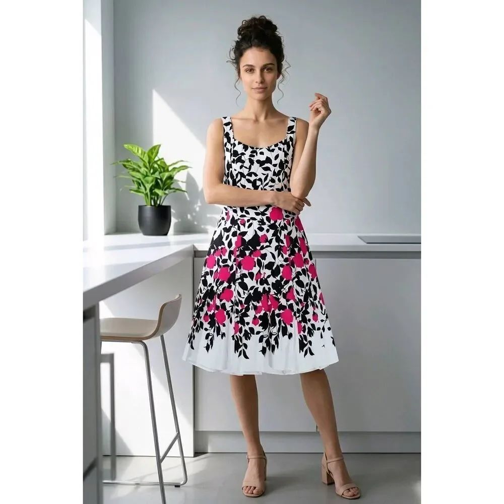 ☔️🔹️Nine West White & Pink Floral Print Fit & Flare Sleeveless Dress Size 6